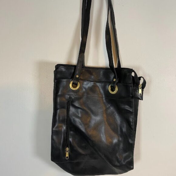 Minimalist Women's Black Faux Leather Shoulder Tote Bag Medium - Picture 2 of 8